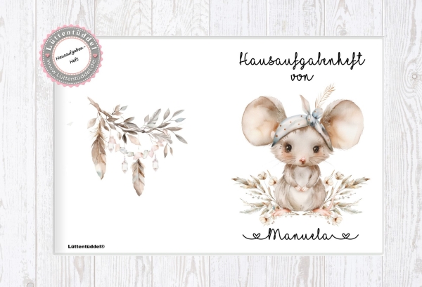 zuckersüßer Schulheft Umschlag Maus 3 Boho Style Hausaufgabenheft in seperater hochwertiger Hülle Einschulung Schulkind von Lüttentüddel®